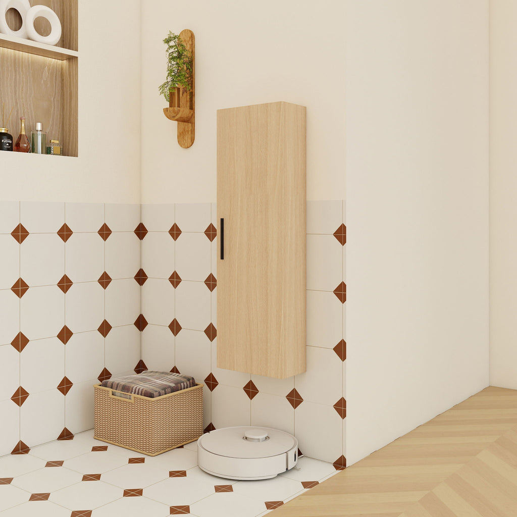 Tall Floating Bathroom Side Cabinet with Adjustable Shelving - Light Oak