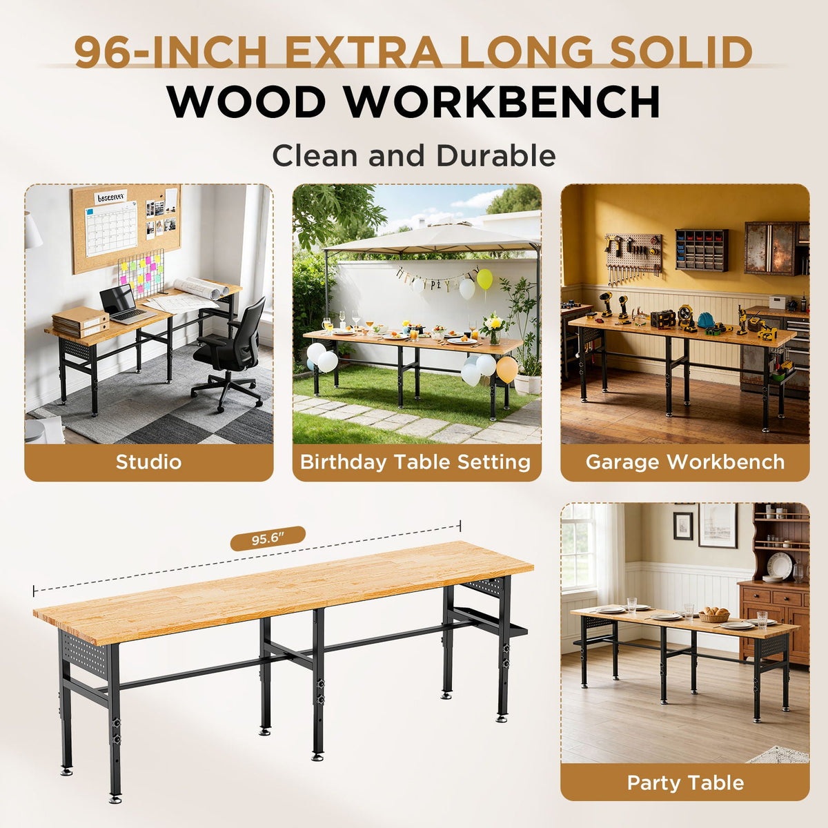 Adjustable Workbench with Pegboard and Power Outlet - Black