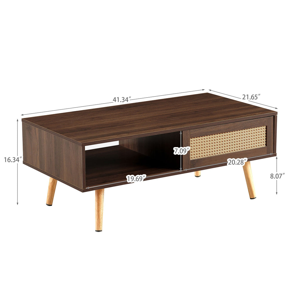 Rattan Coffee Table with Sliding Storage Door – Solid Wood Legs - Light Brown, White, or Dark Brown