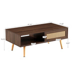 Rattan Coffee Table with Sliding Storage Door – Solid Wood Legs - Light Brown, White, or Dark Brown