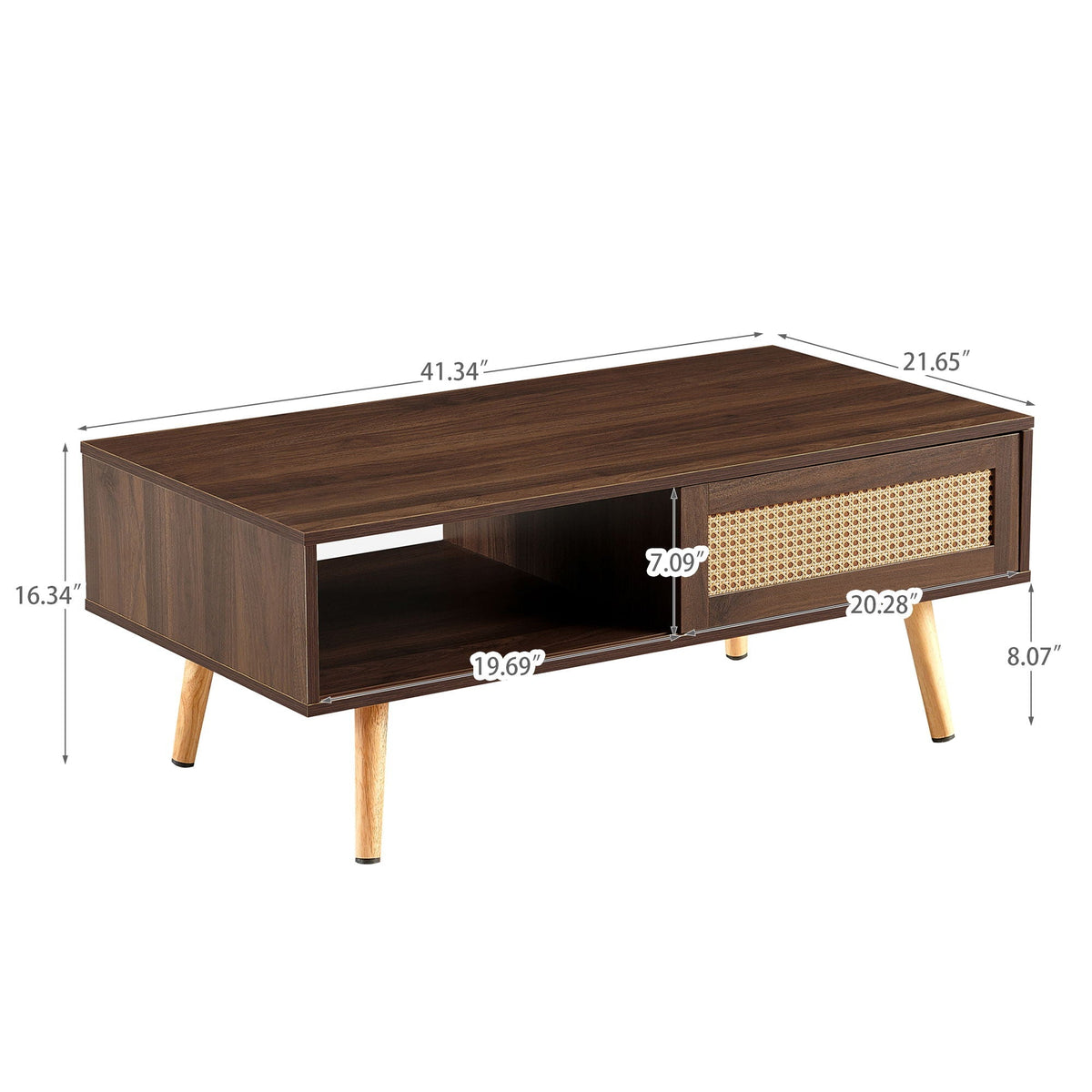 Rattan Coffee Table with Sliding Storage Door – Solid Wood Legs - Light Brown, White, or Dark Brown