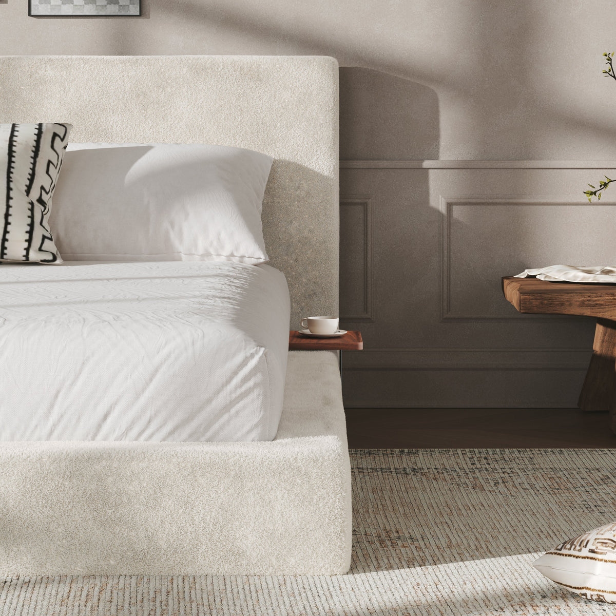 AirFrame Queen Bed Frame with Adjustable Sliding Side Table - Off-White Sherpa