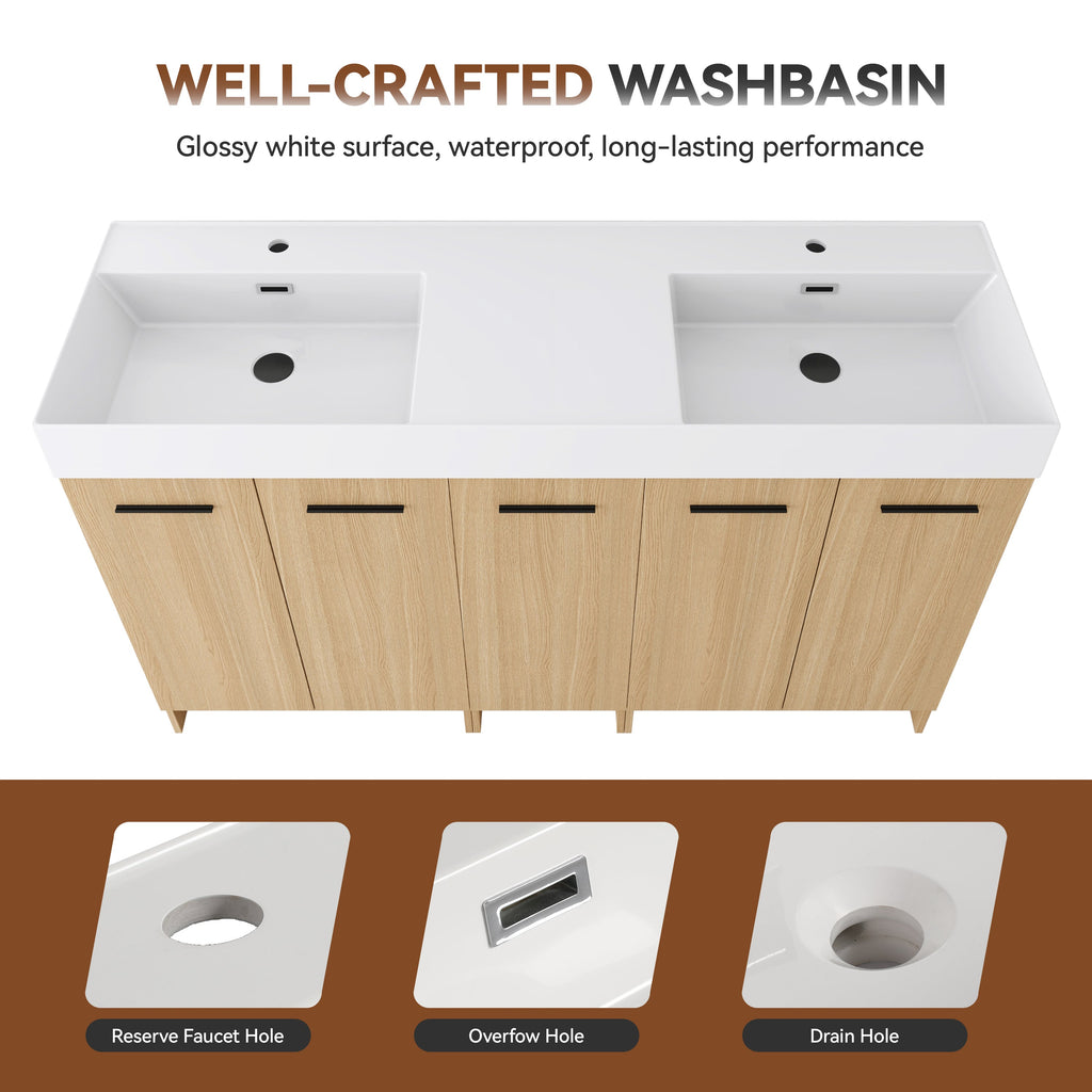 60" Double Sink Bathroom Vanity with Extra-Large Storage - Light Oak