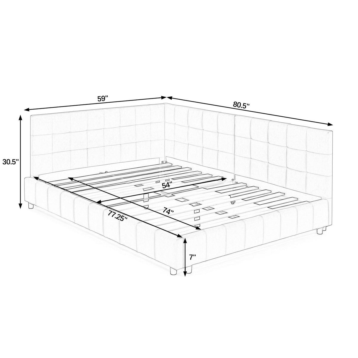 Mid-Century Storage Upholstered Tufted Bed Frame with Backrest and Armrests - Multiple Colors