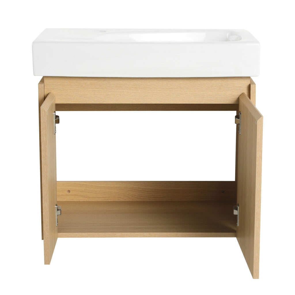 Modern Bathroom Vanity with Ceramic Basin and Storage Cabinet - Light Brown, Black, or White