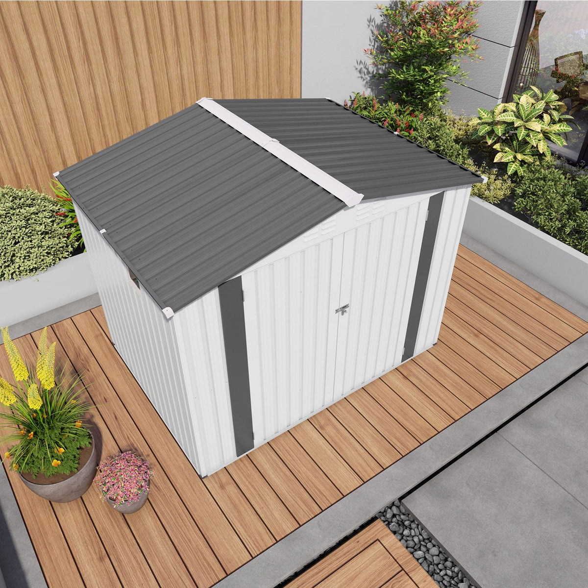 Outdoor Garden Storage Shed with Lockable Doors and Window - White / Gray