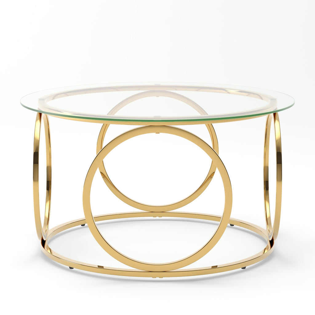 Modern Round Glass Top Coffee Table with Metal Frame - Gold