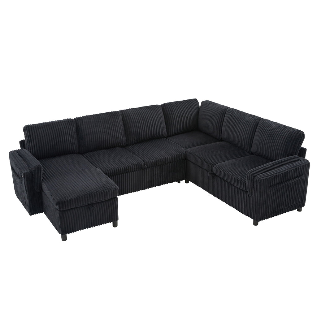Convertible U-Shaped Sectional Sofa Bed with USB Ports and Storage – Black, Dark Gray, Blue