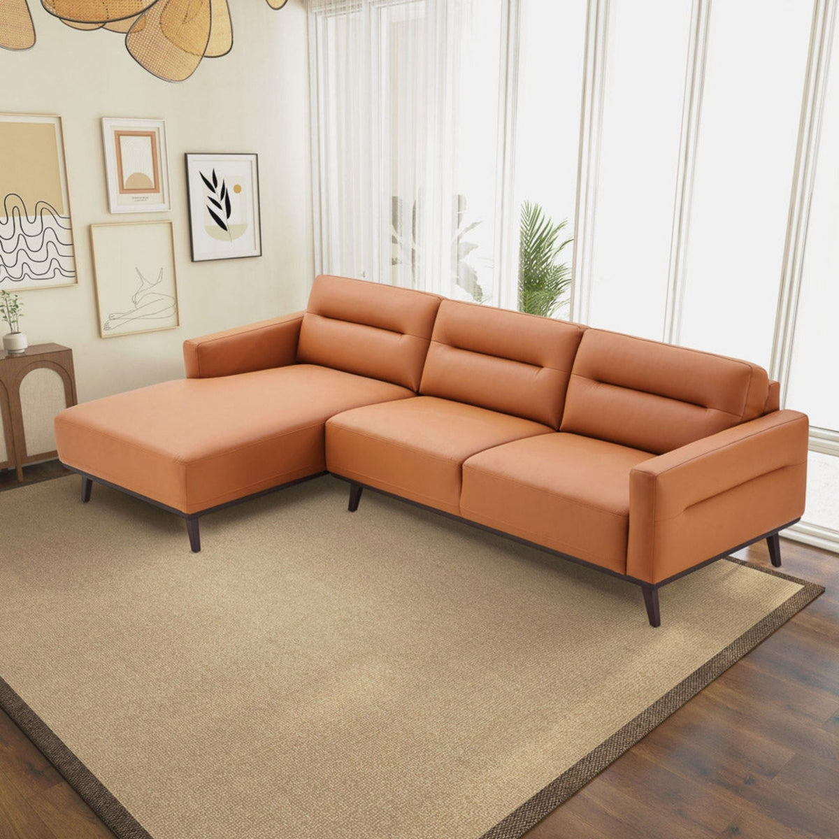 L-Shaped Sectional Couch with Solid Wood Frame and Vegan Upholstery - Yellow or Light Brown