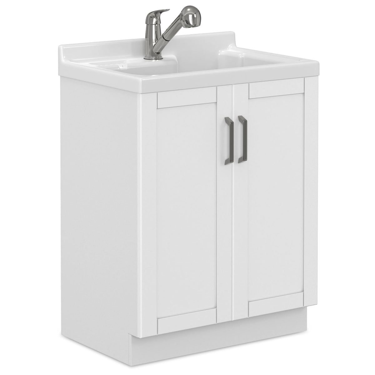 White Laundry Cabinet with Stainless Steel Sink and Pull-Out Faucet