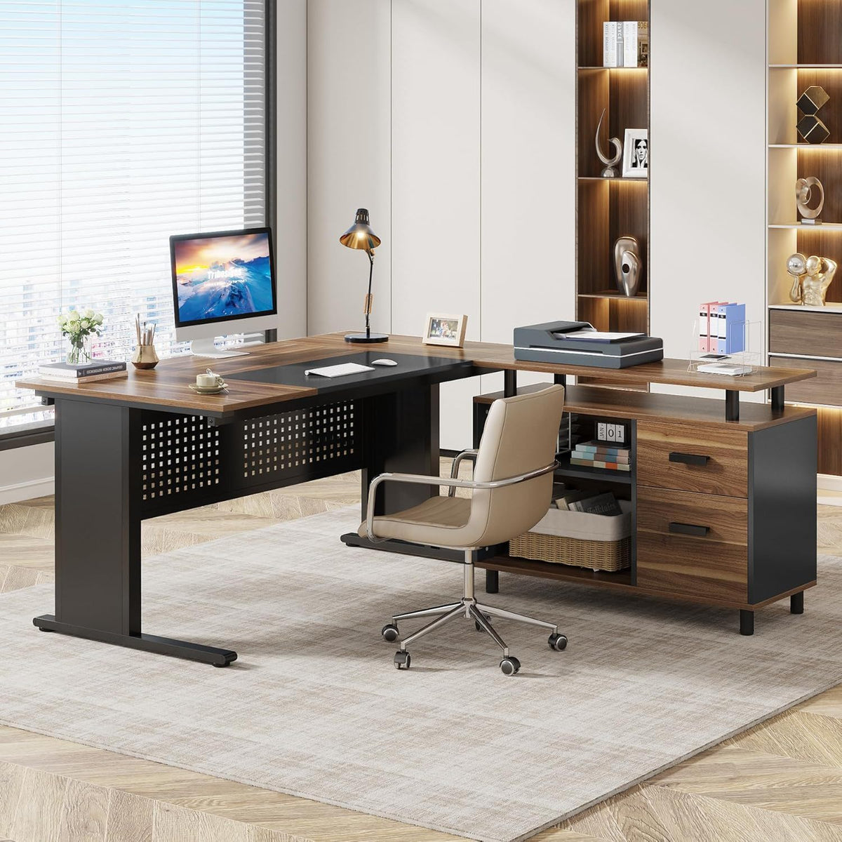 L-Shaped Executive Desk with File Cabinet and Storage Drawers - Light Brown or Dark Gray