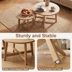 Round Nesting Coffee Tables Set of 2 with X-Cross Support - Natural Wood Finish