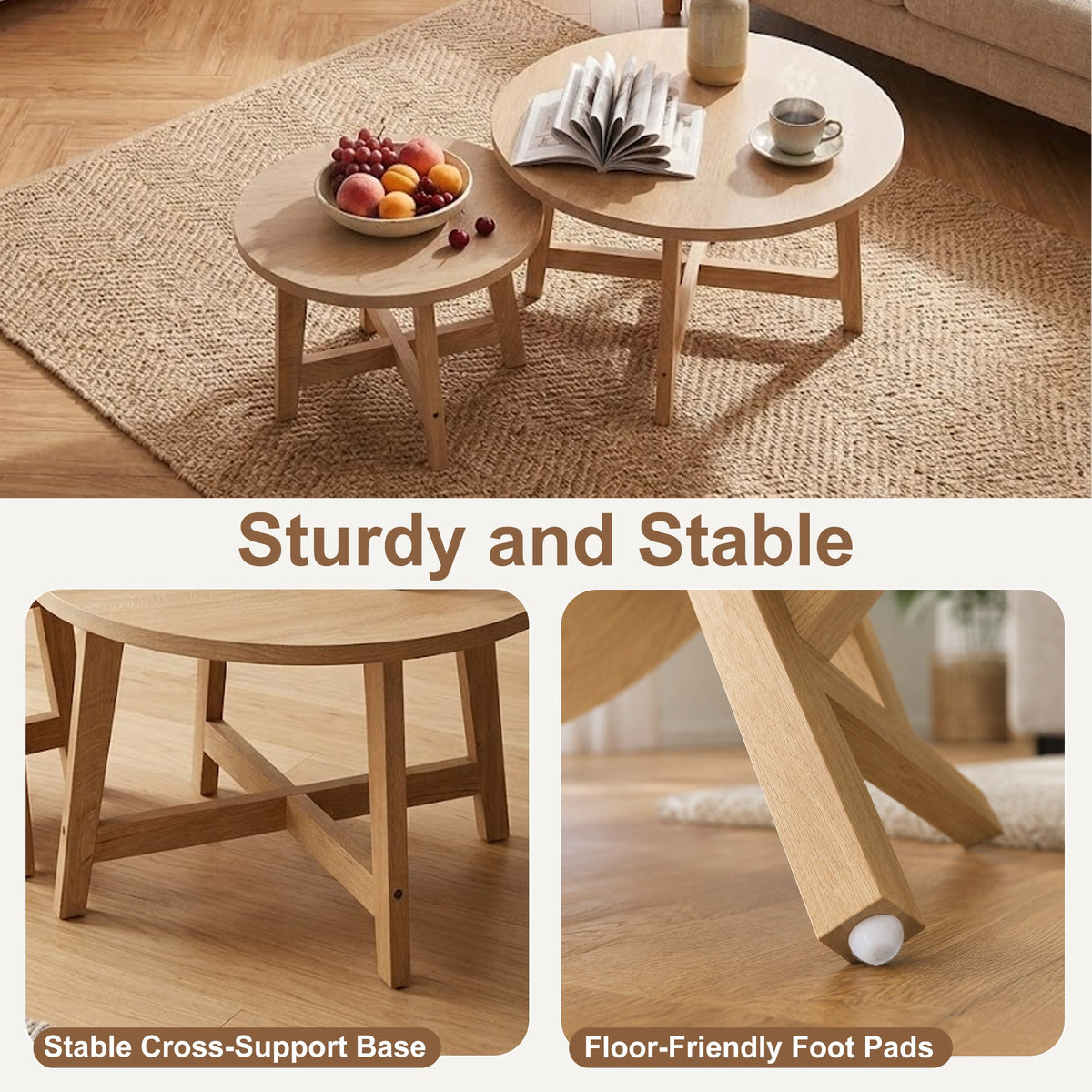 Round Nesting Coffee Tables Set of 2 with X-Cross Support - Natural Wood Finish