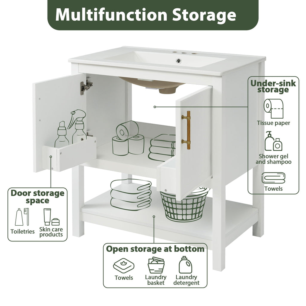 Elegant Bathroom Vanity with Ceramic Sink and Storage - White or Green