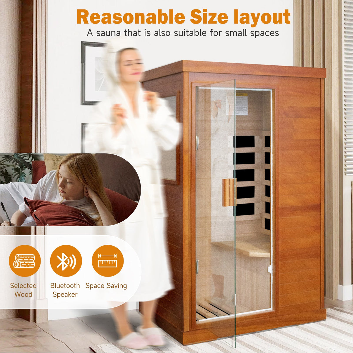 Solid Wood Infrared Sauna Room with Broad-Spectrum Heating Plates - Natural