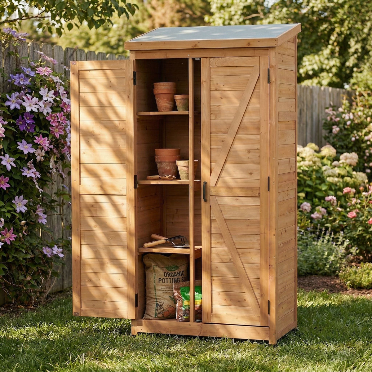 Outdoor Storage Shed with Vertical Tool Cabinet - Solid Wood, Dark Gray or Light Brown