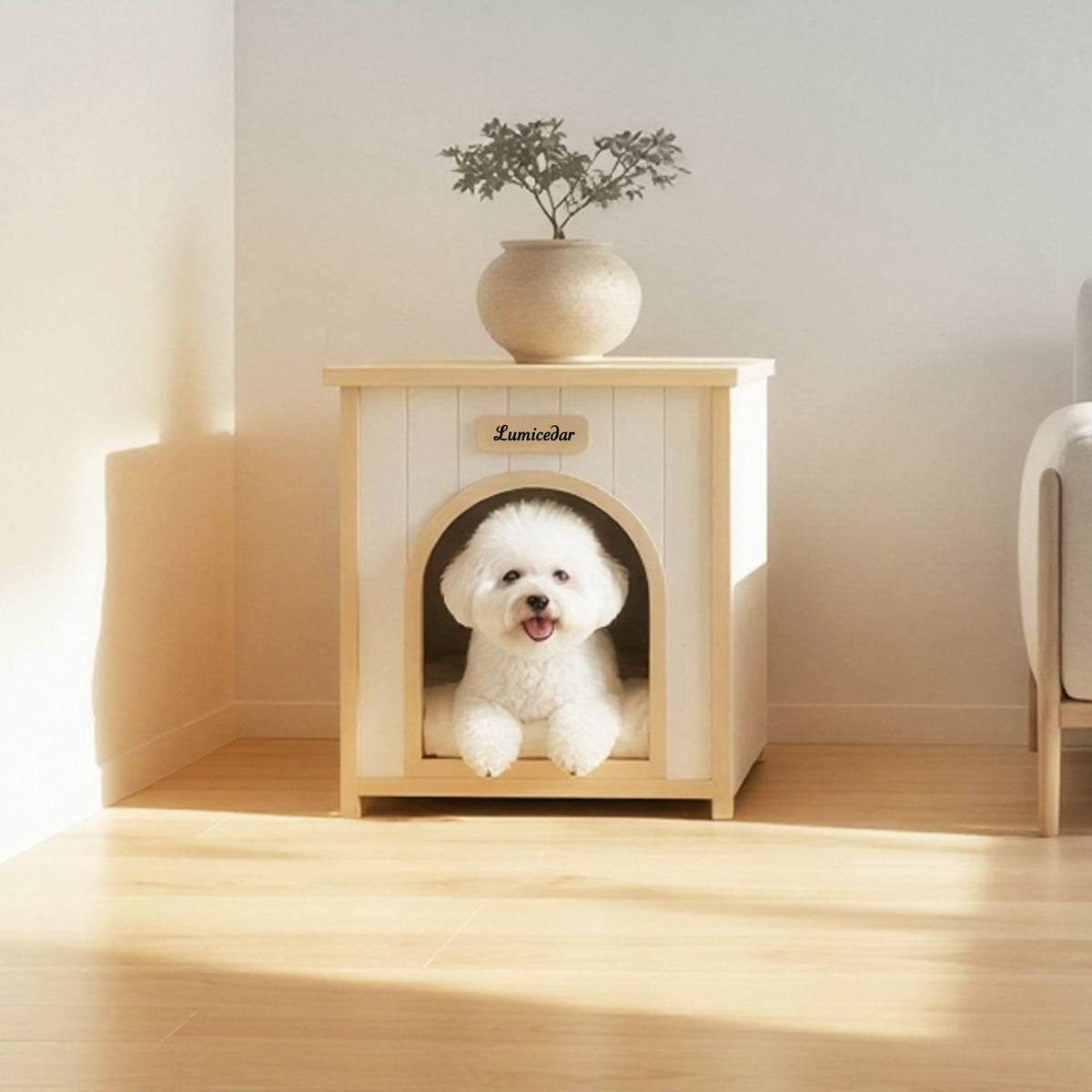 Indoor Dog House with Removable Cushion - Cream White / Light Yellow