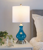 Contemporary Table Lamp with Seeded Glass - Clear Sapphire Blue / Nickel / White