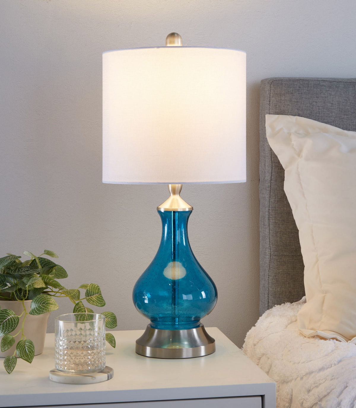 Contemporary Table Lamp with Seeded Glass - Clear Sapphire Blue / Nickel / White