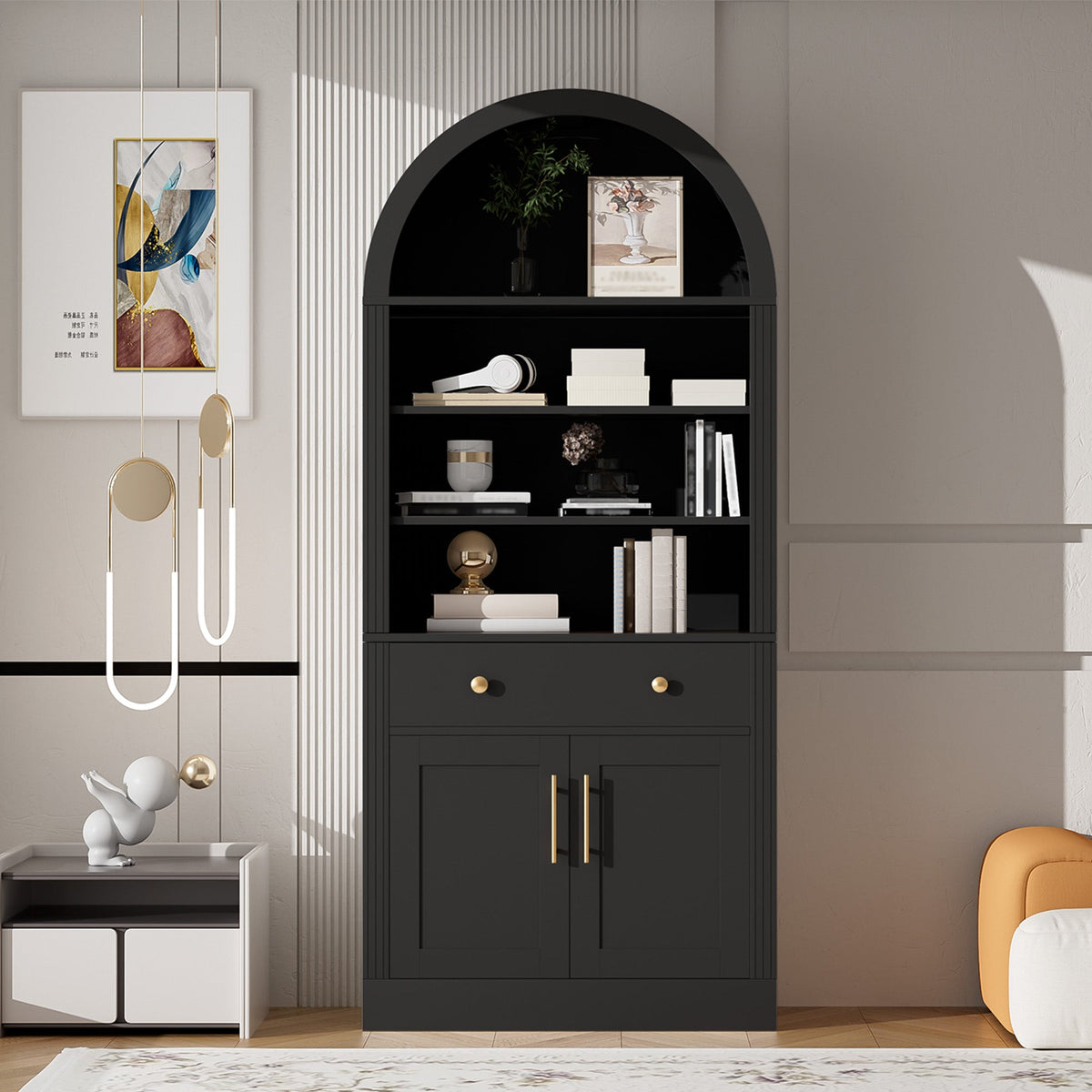 Arched Bookshelf with Storage Cabinet with Modern Curved Top - MDF