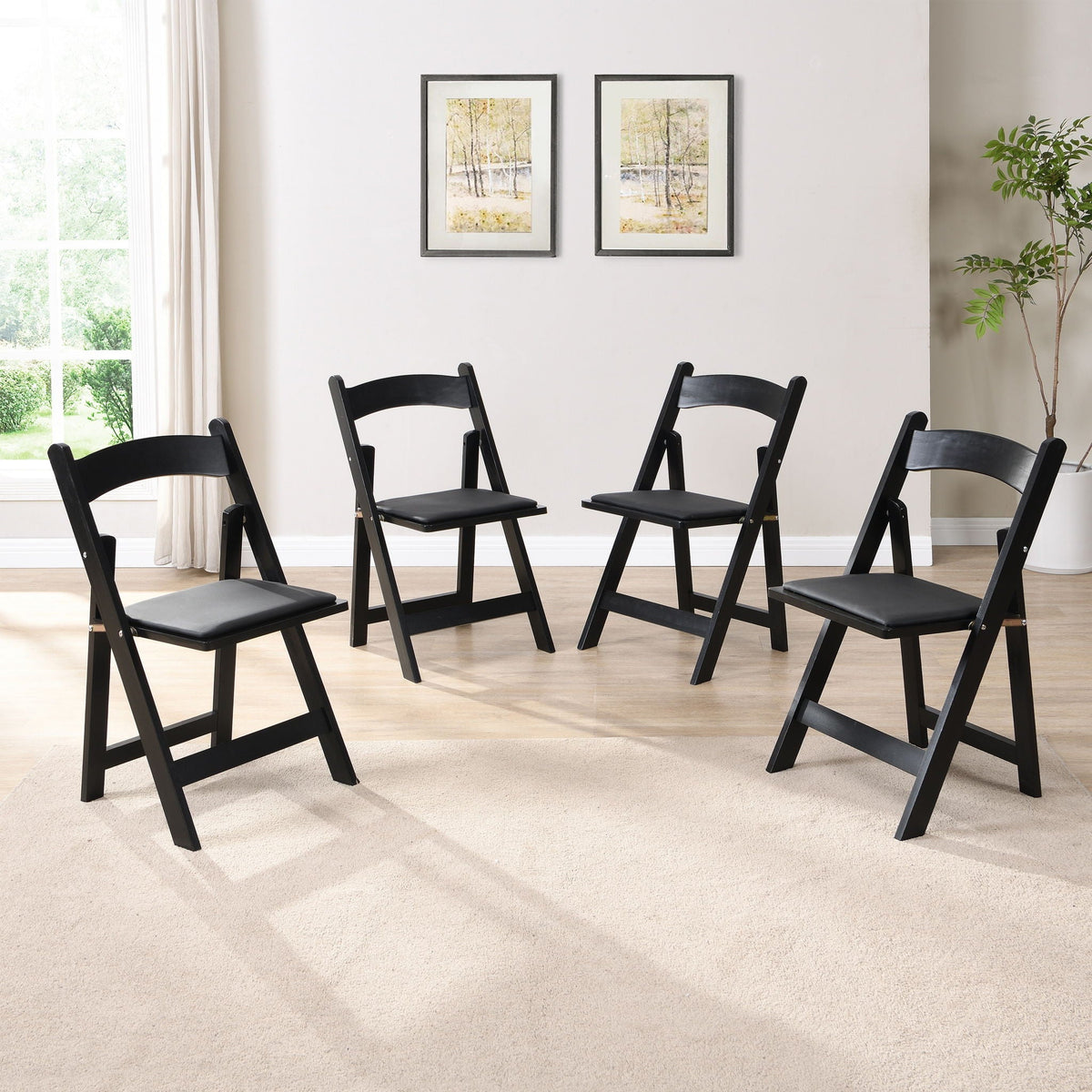 Solid Wood Upholstered Folding Chair Set with Padded Seat - Black