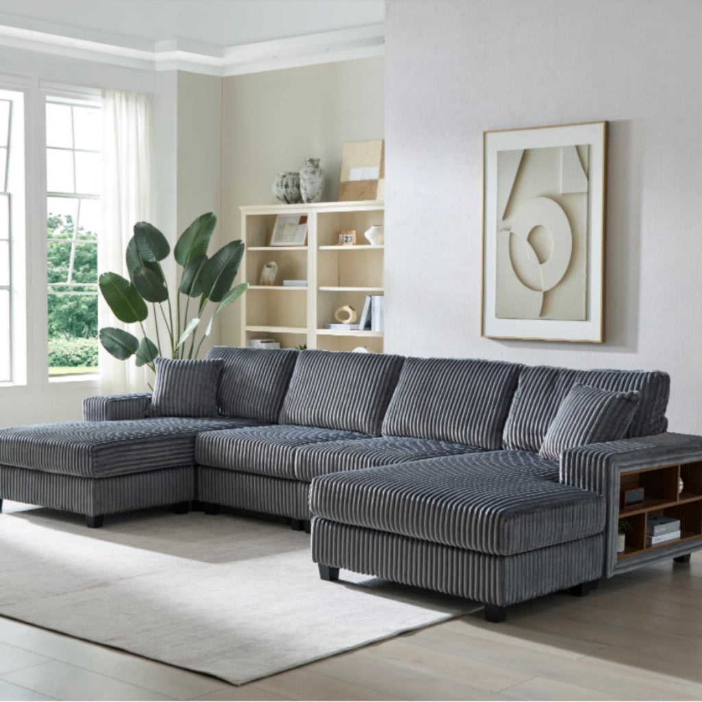 U-Shaped Convertible Sofa, 4 Seater Sectional with Storage Armrests - Multiple Colors