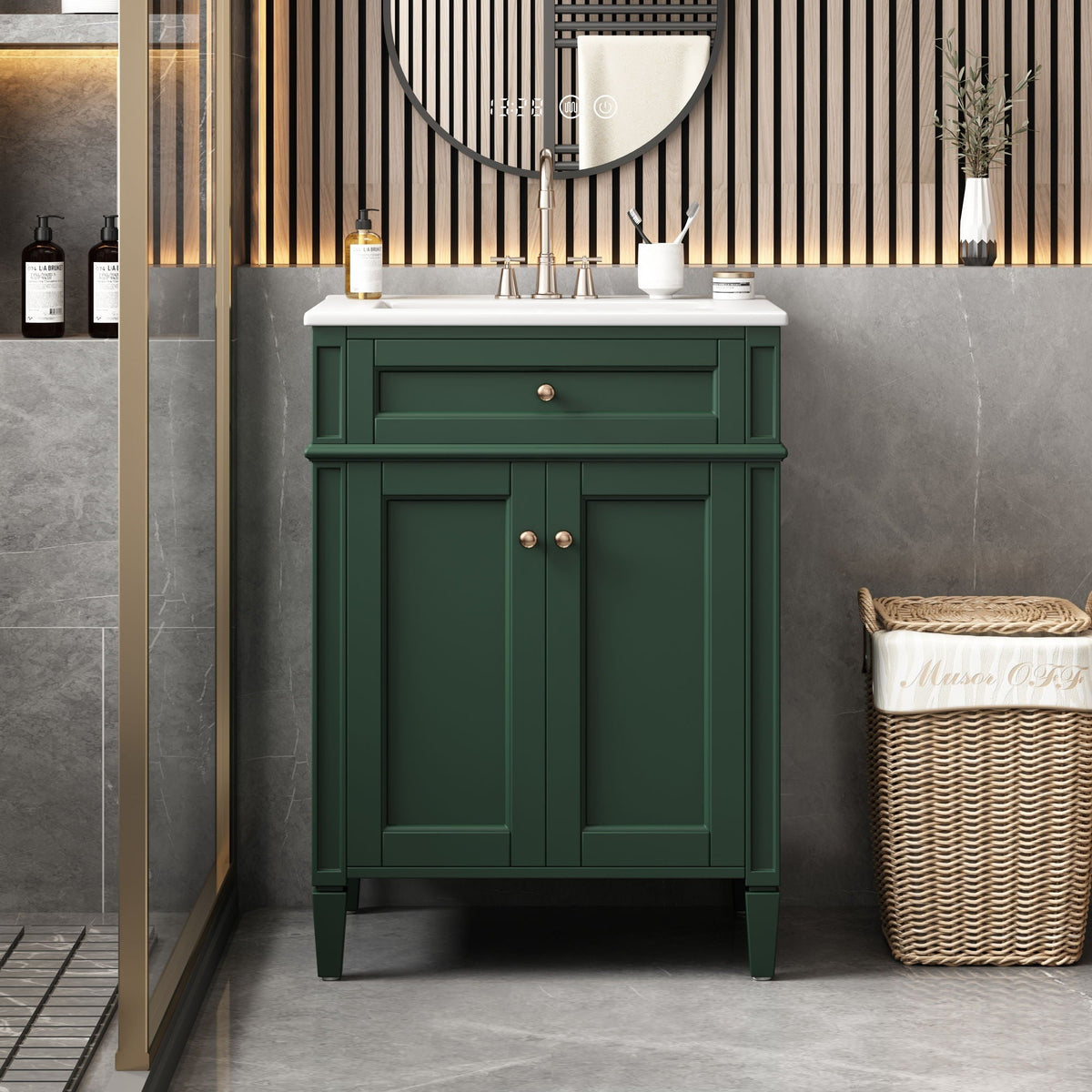 Bathroom Vanity with Solid Wood Frame and Tip Out Drawer - Black, White, Dark Green