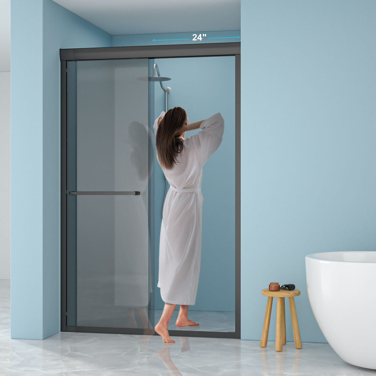 Double Sliding Glass Shower Door with Tempered Glass - Matte Black