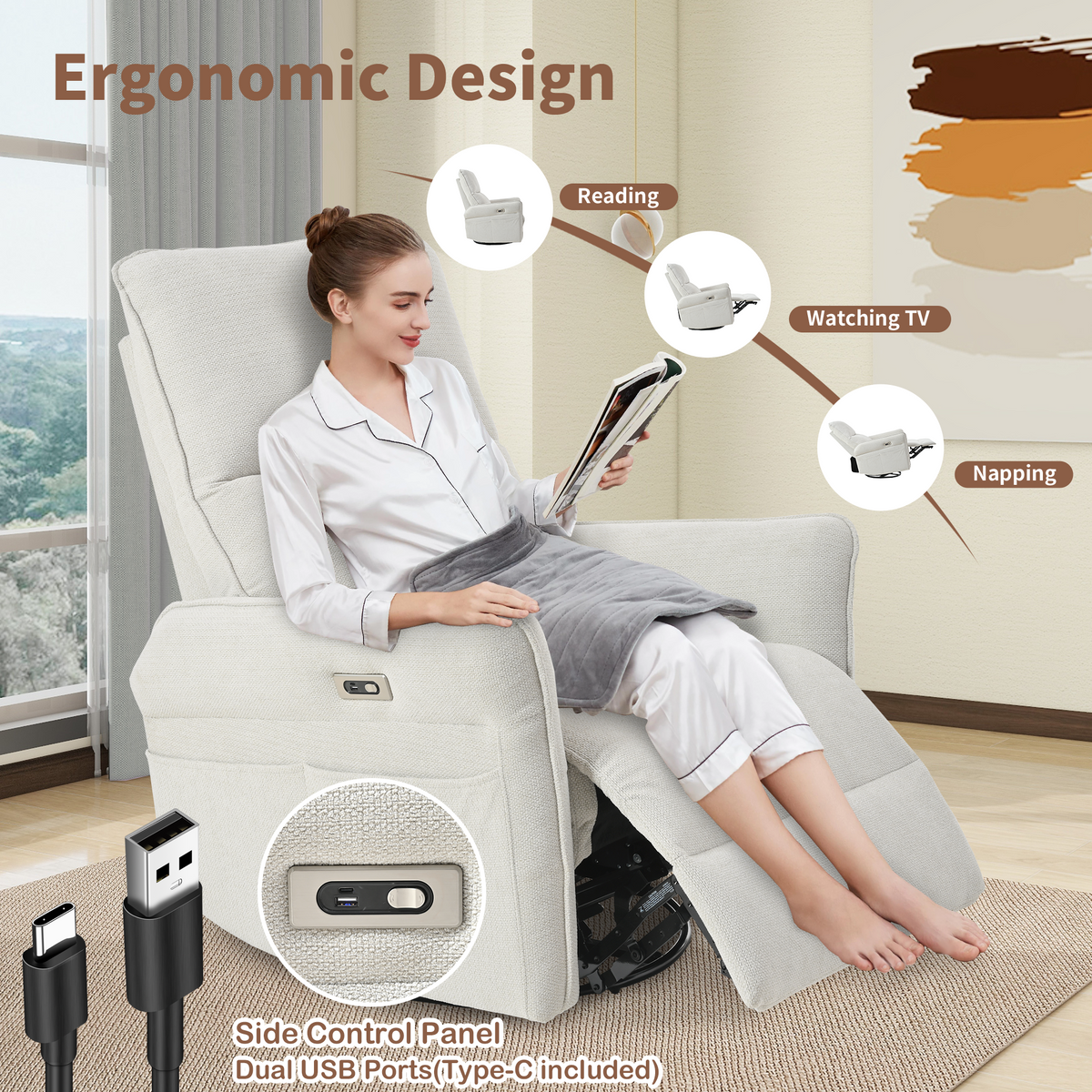 270° Power Swivel Rocker Recliner Chair, Light Gray