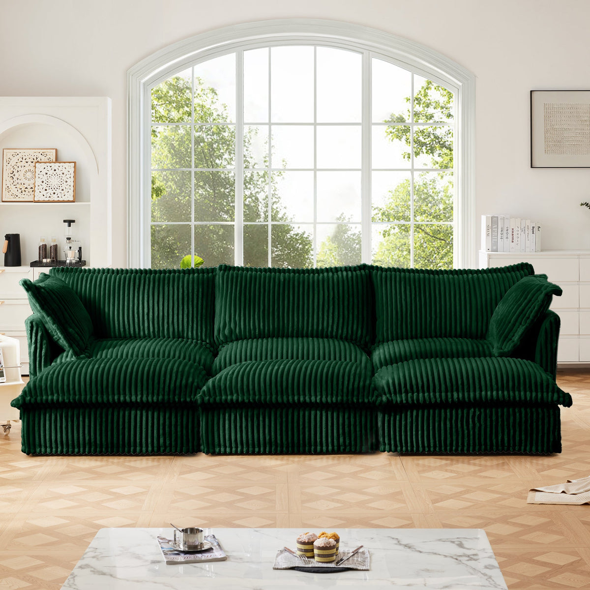 Slipcovered Living Room Sofa with 3 Ottomans - Corduroy