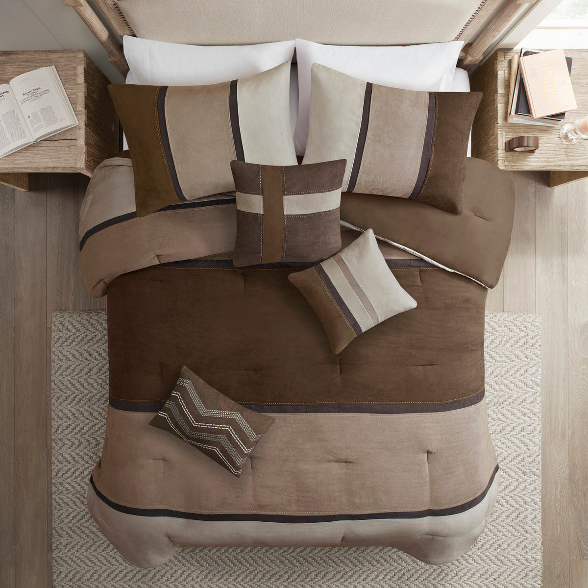 7 Piece Faux Suede Comforter Set with Decorative Pillows - Brown