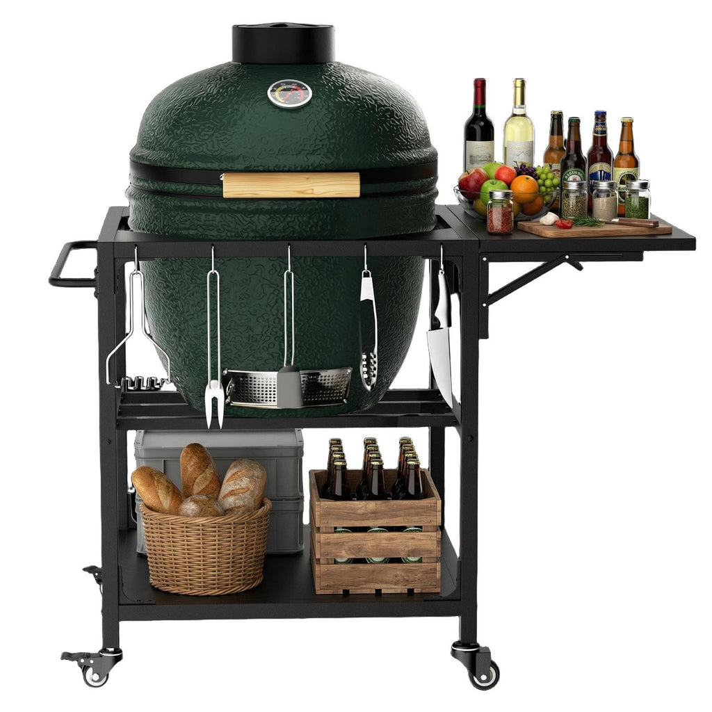 Outdoor Grill Table with Wheels and Storage Shelf - Black