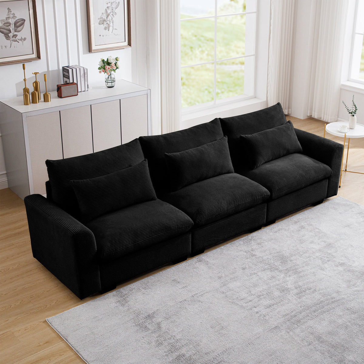3 Seater Deep Seat Couch for Living Room with Corduroy Upholstery - Black, Beige, or Green