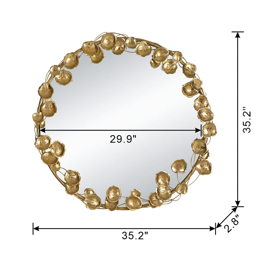 Round Metal Wall Mirror With Leaf Accents in Gold