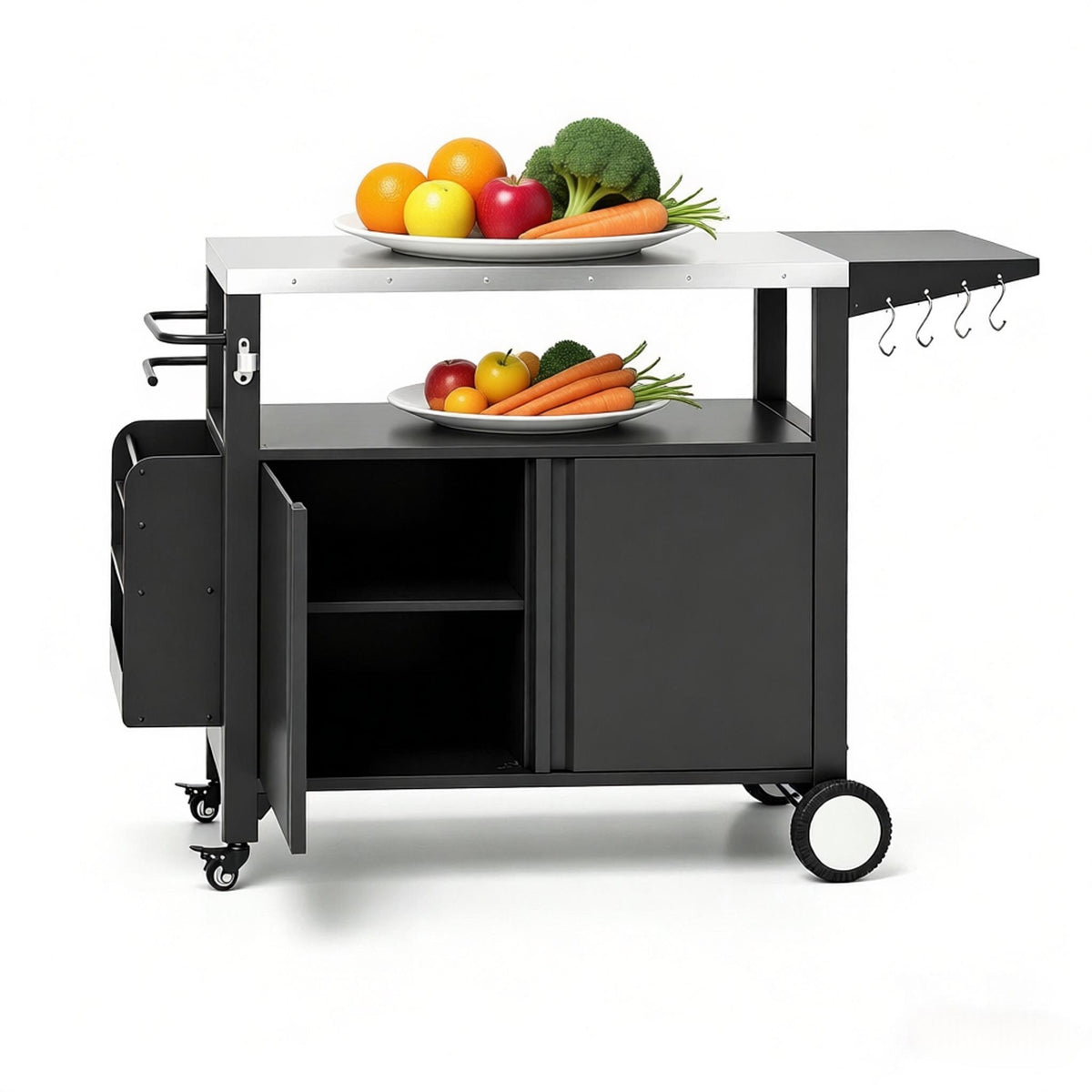 Stainless Steel Movable Kitchen Island with Foldable Side Table - Silver