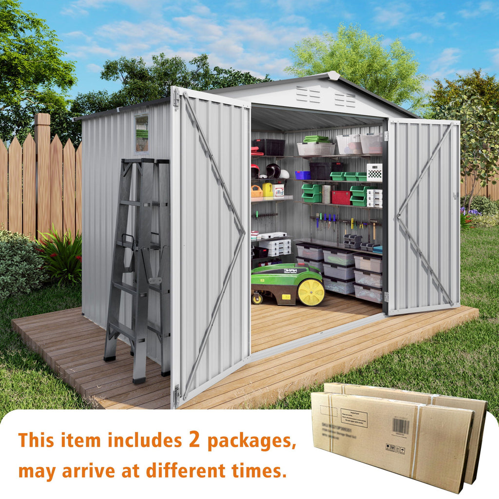 Outdoor Garden Storage Shed with Lockable Doors and Window - White / Gray