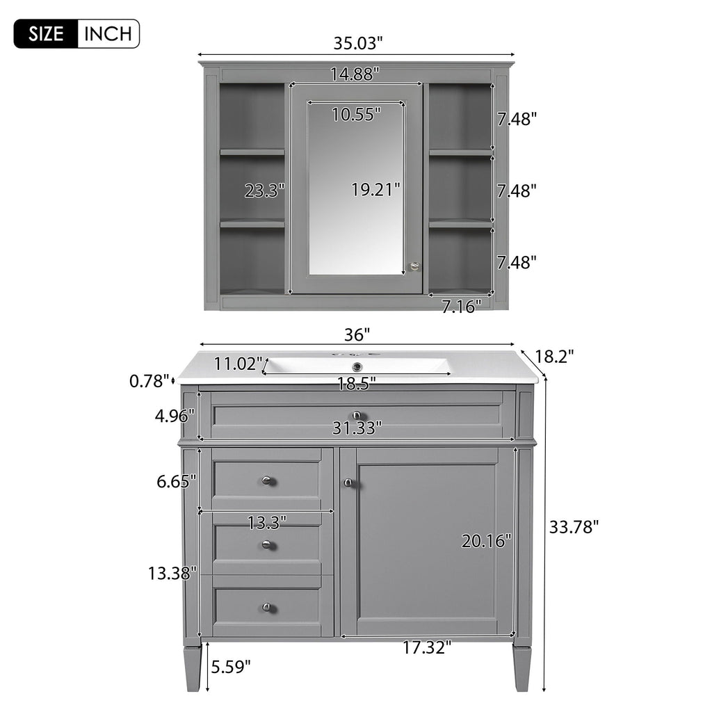Bathroom Vanity With Mirror Cabinet and Single Sink - Soft-Closing Doors