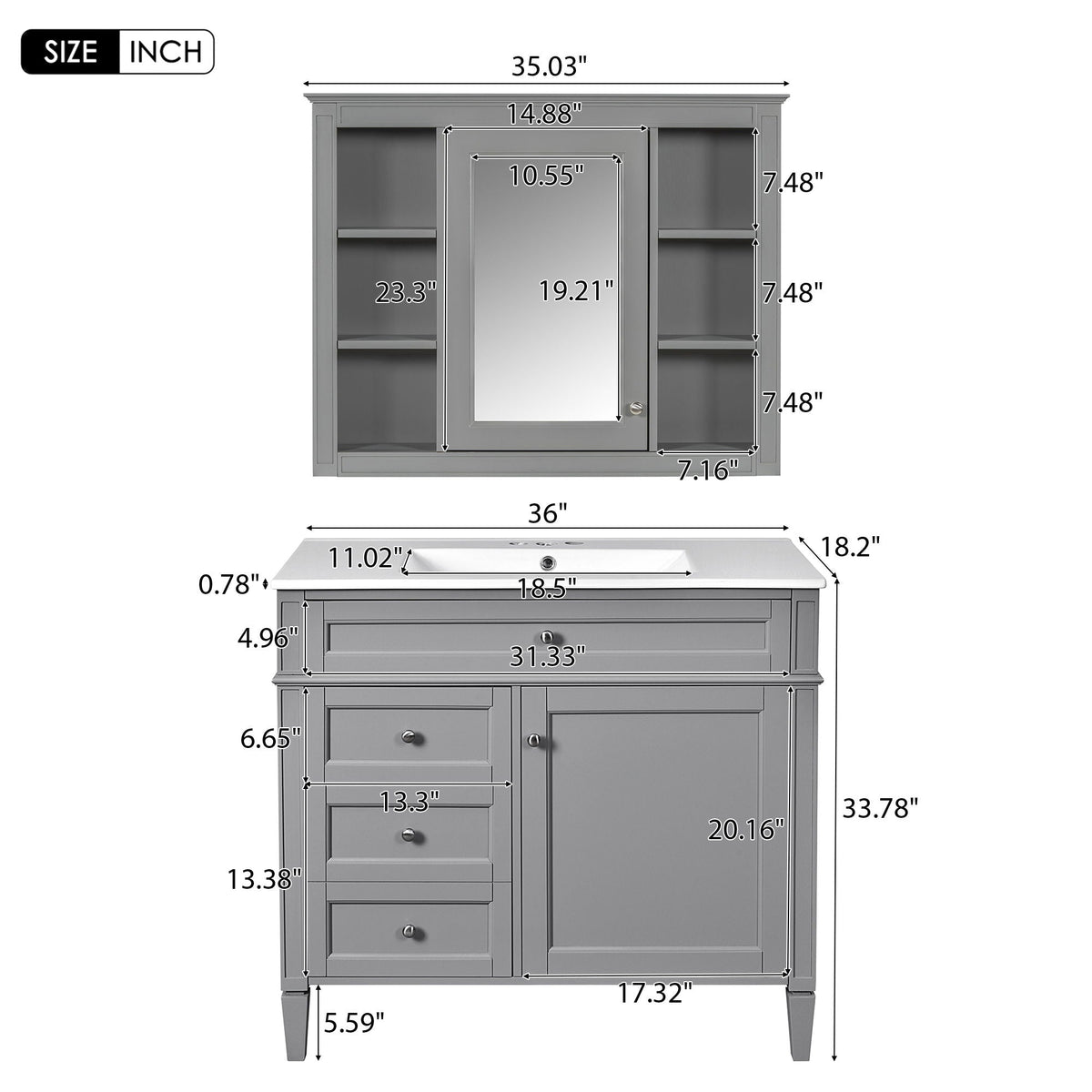 Bathroom Vanity With Mirror Cabinet and Single Sink - Soft-Closing Doors