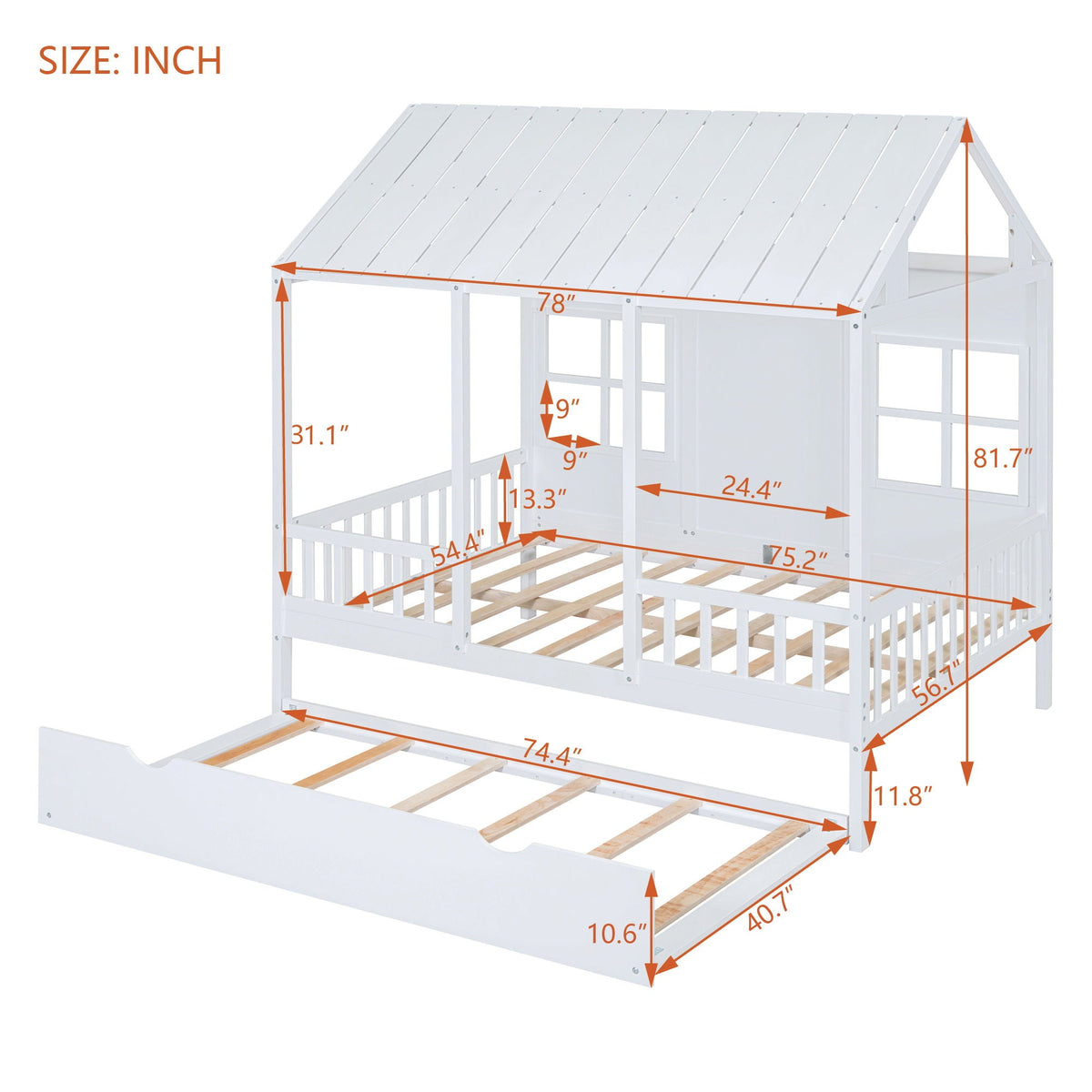 White House Bed with Trundle - Solid Pine, Full or Twin