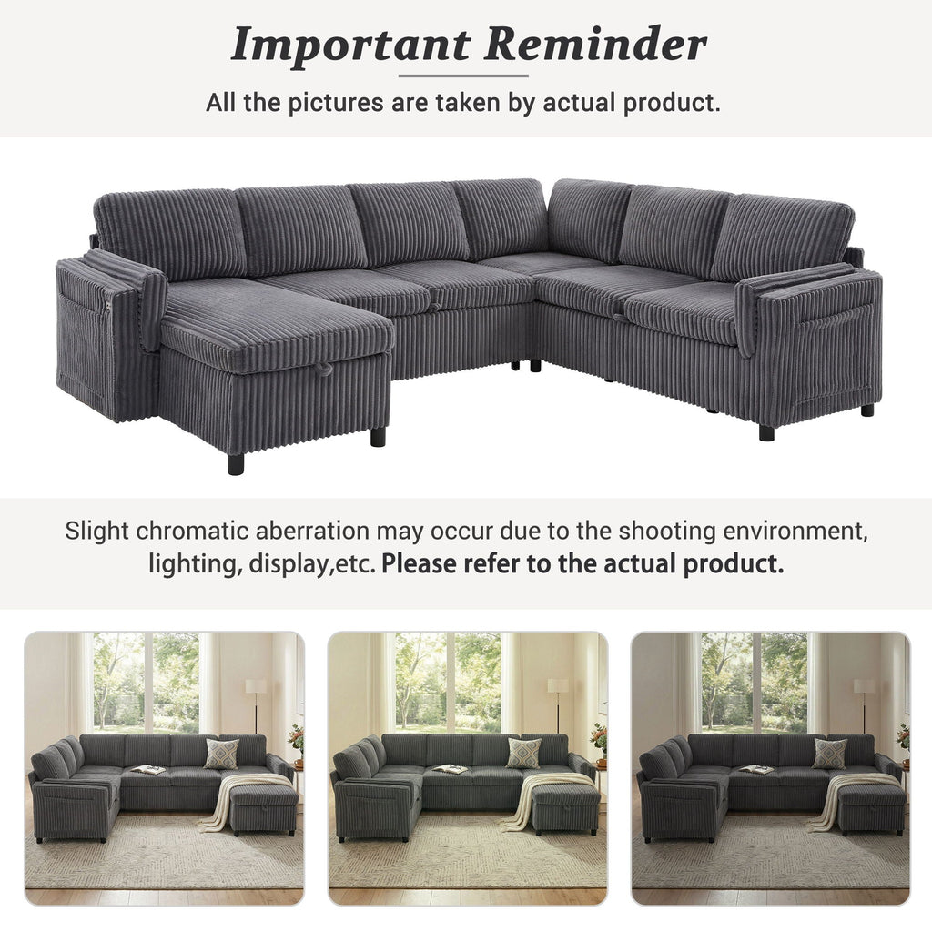 Convertible U-Shaped Sectional Sofa Bed with USB Ports and Storage – Black, Dark Gray, Blue