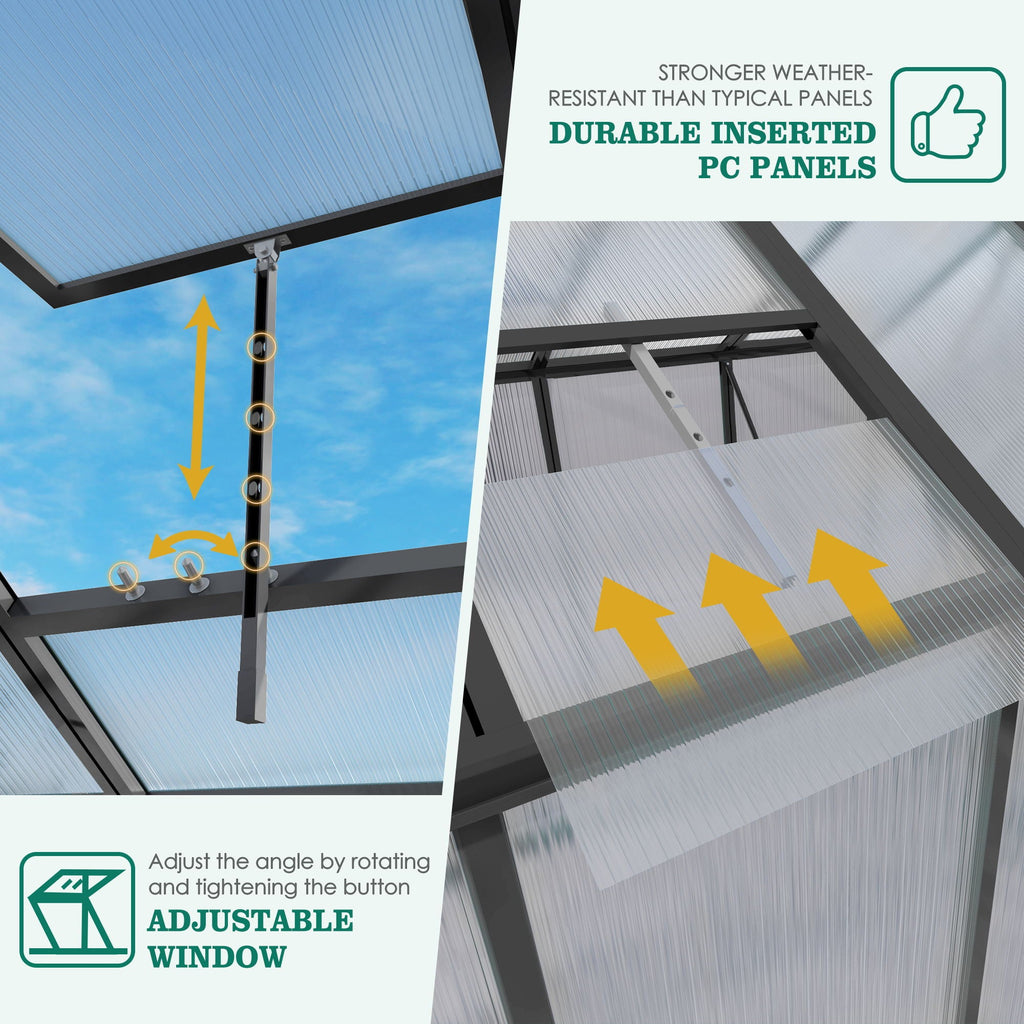 Windproof Greenhouse with Raised Base - Polycarbonate Panels - Black