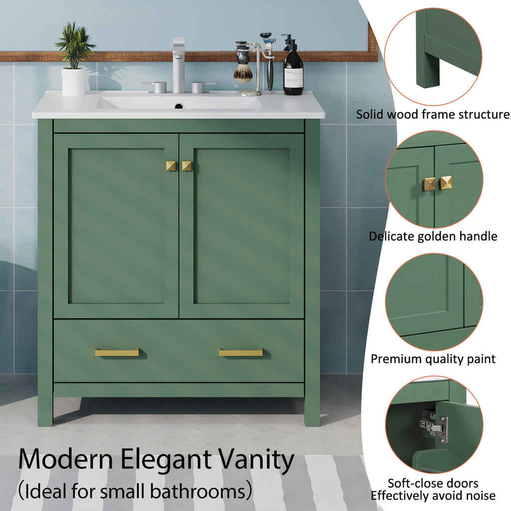 Green Bathroom Vanity with Single Undermount Sink and Storage - Solid Wood