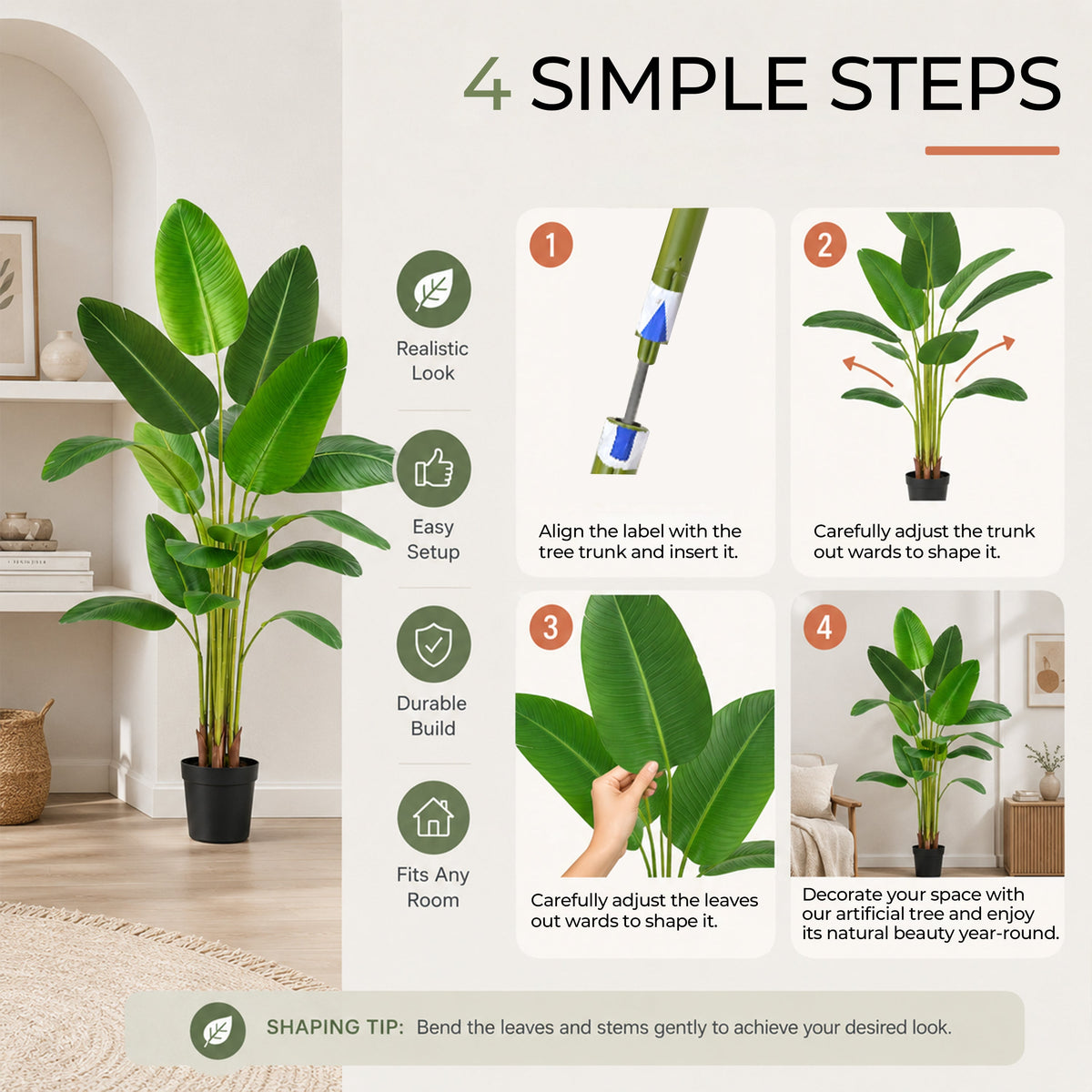 Bird of Paradise Artificial Plant with Faux Banana Leaves - 6 Ft Tall