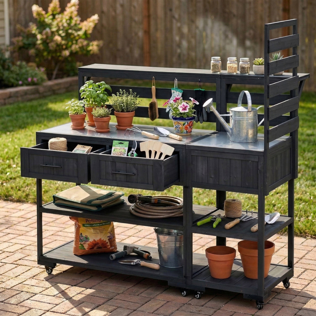 Solid Wood Patio Kitchen Island with Stainless Steel Top - Available in Black, Brown, or Gray