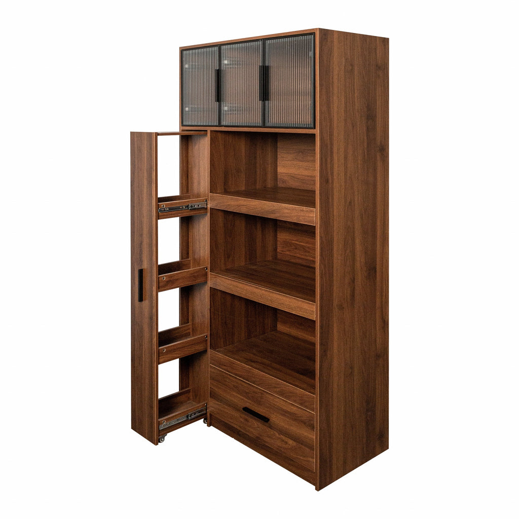 Tall Kitchen Pantry Cabinet with Multi-Tier Pull-Out Shelf - Walnut