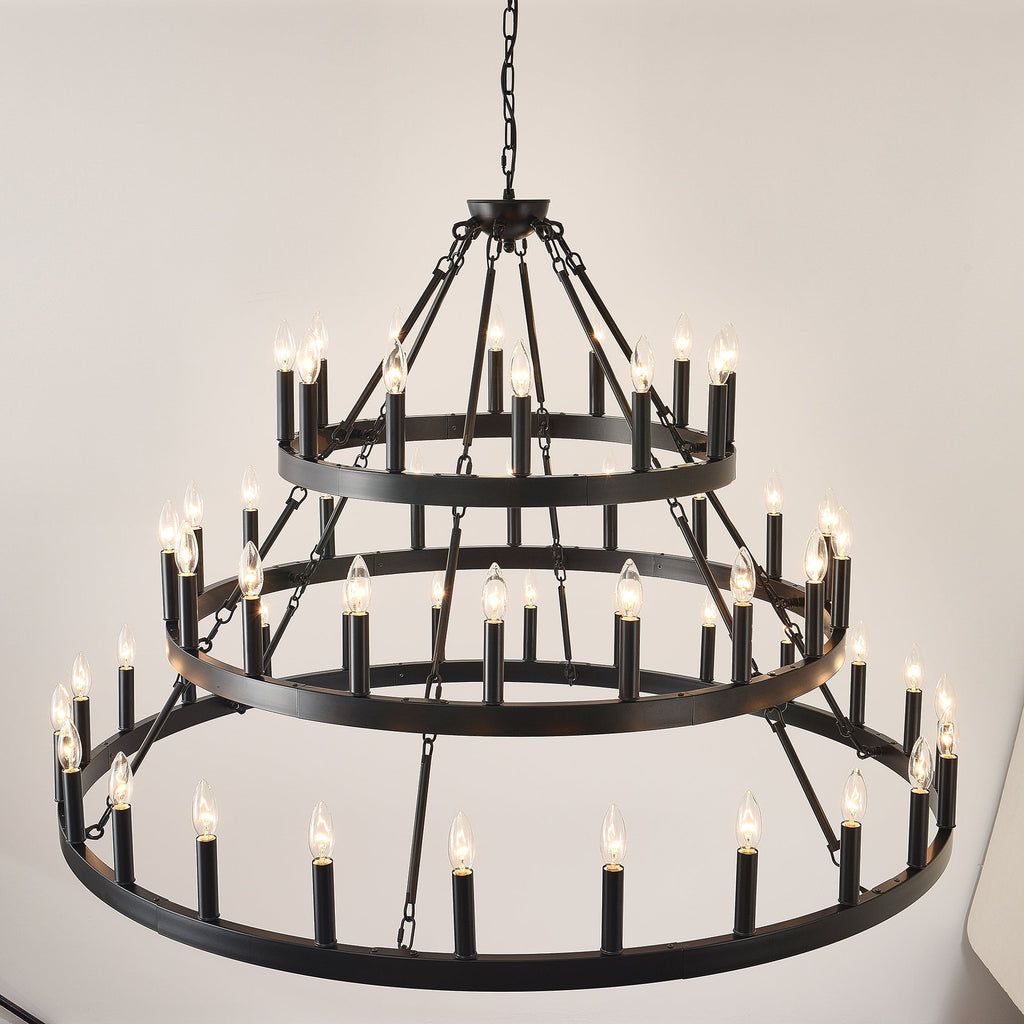 3 Tiers Wagon Wheel Chandelier with 54 Lights - Matte Black