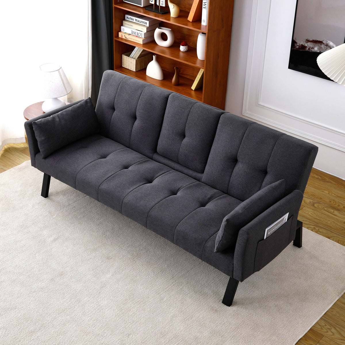 Foldable Sofa Bed with Cup Holder and Solid Wood Frame - Multiple Colors