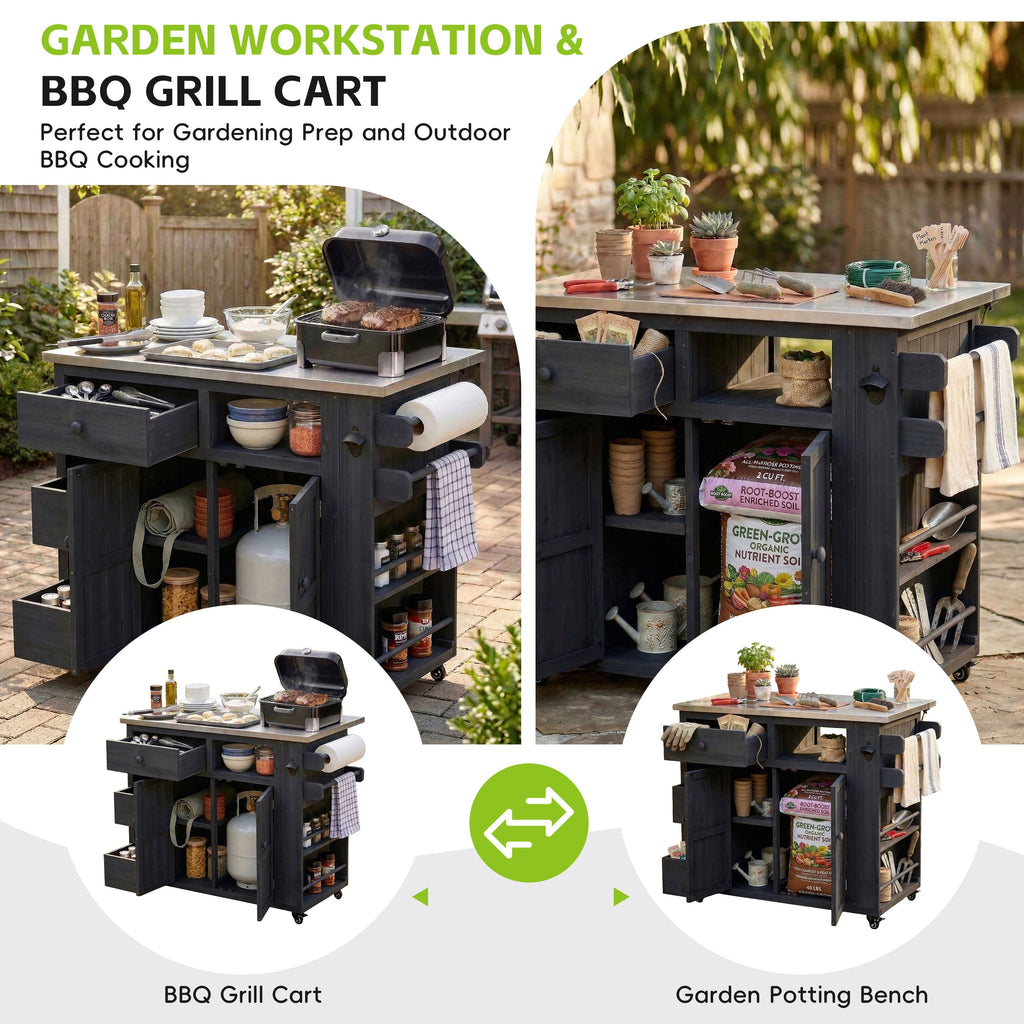 Outdoor Solid Wood Kitchen Island with Extendable Stainless Steel Top - Black, Brown, Gray