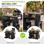 Outdoor Solid Wood Kitchen Island with Extendable Stainless Steel Top - Black, Brown, Gray