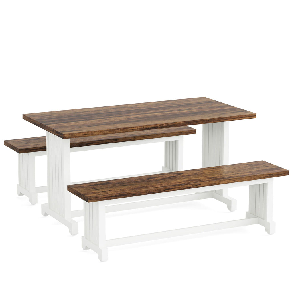 3 Piece Dining Table Set with Space Saving Benches - Brown / White